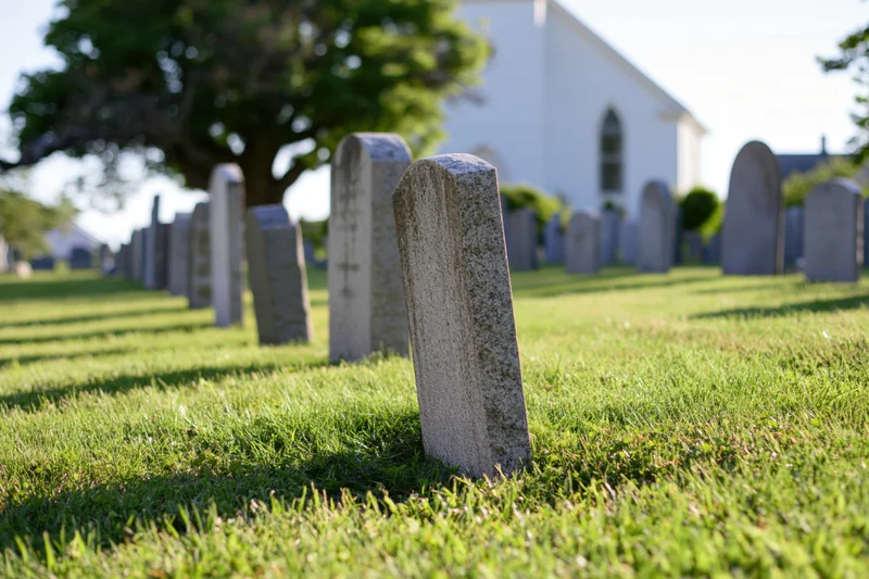 Rows of granite gravestones in a grassy churchyard with a white church in the background