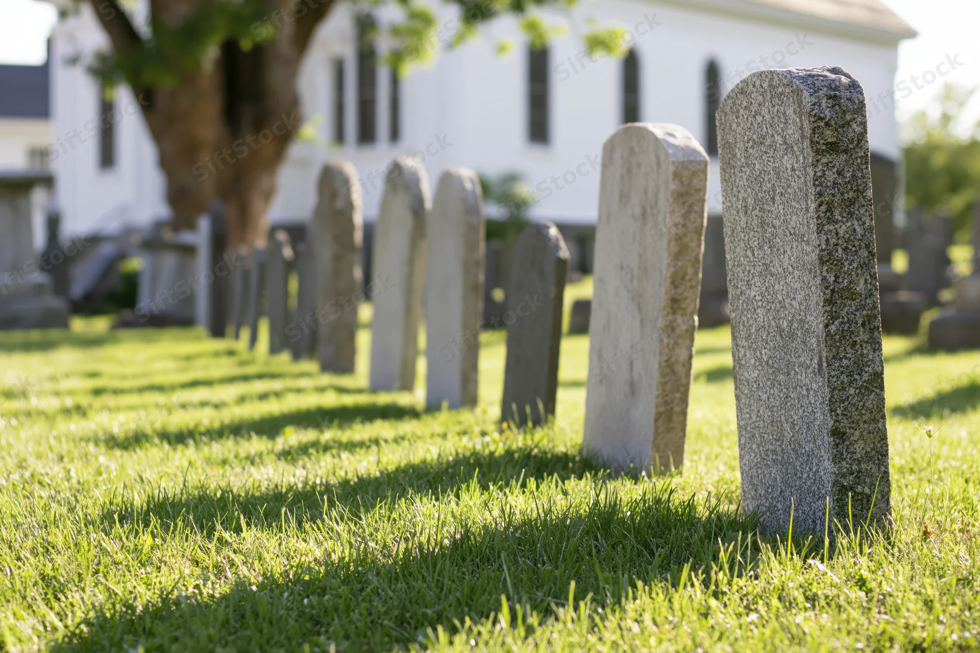 Rows of weathered gravestones in a small-town churchyard cemetery on a sunny day