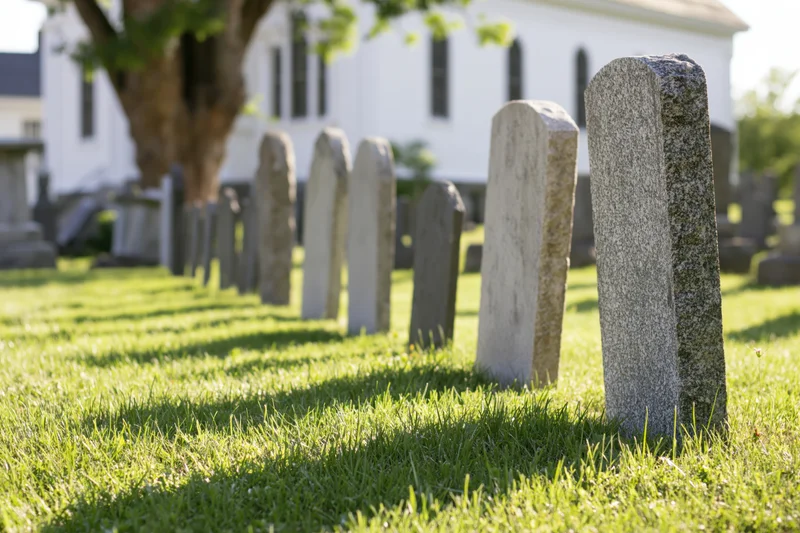 Rows of weathered gravestones in a small-town churchyard cemetery on a sunny day