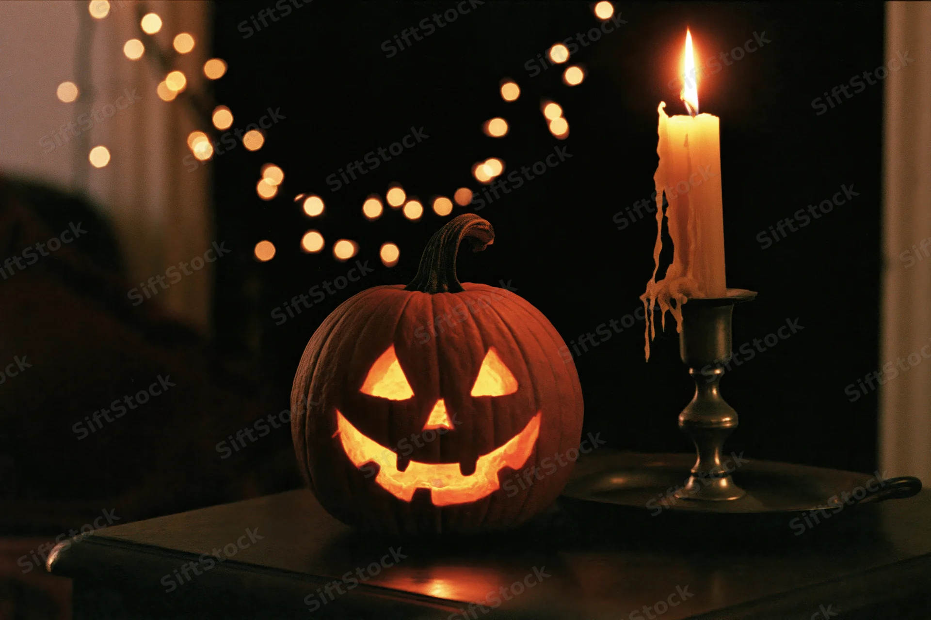 Carved jack-o-lantern glowing beside a lit candle on a dark table with string lights in the background