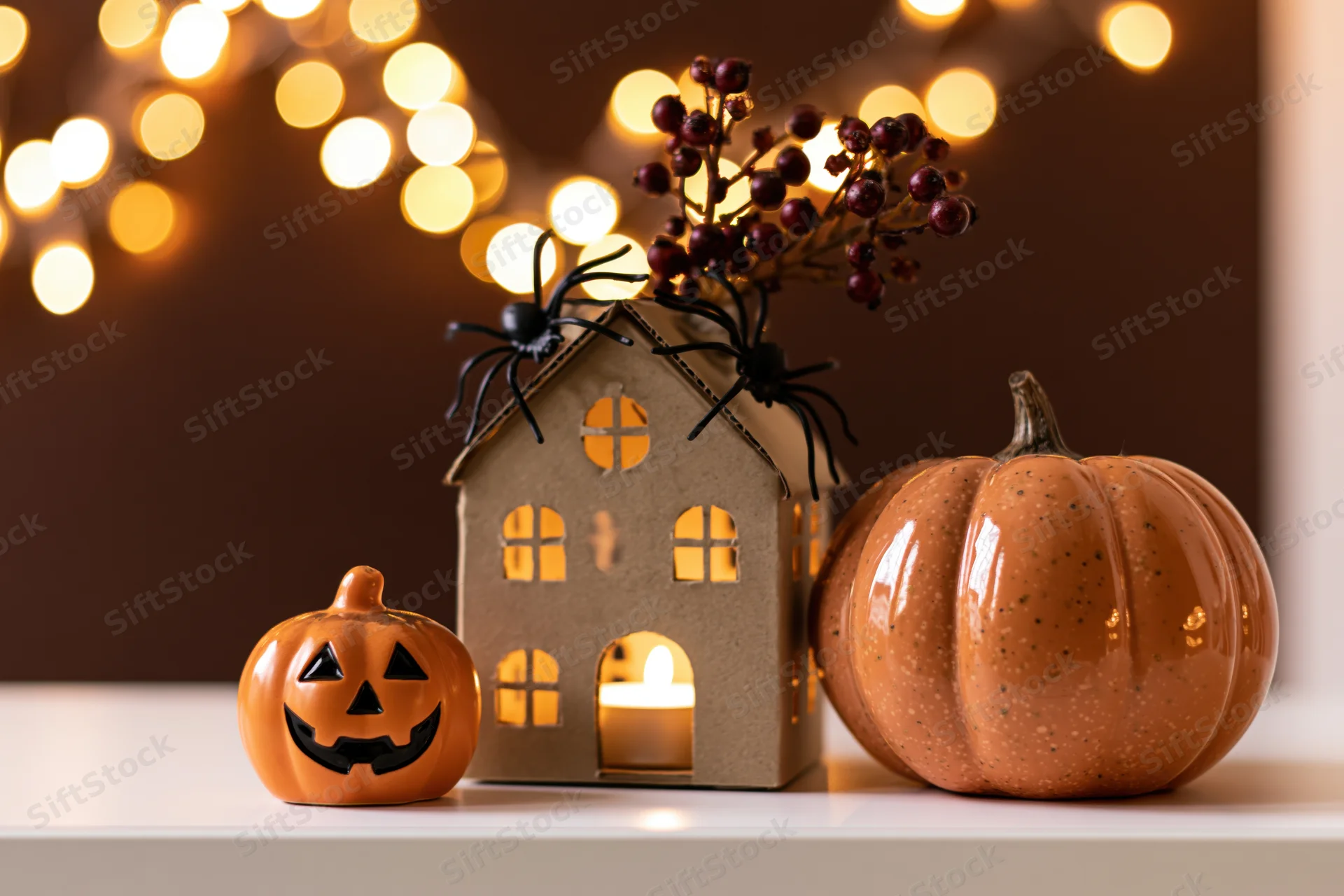 Small ceramic jack-o-lantern beside a handmade cardboard house with candlelight and spiders on a tabletop, surrounded by autumn berries and warm bokeh lights