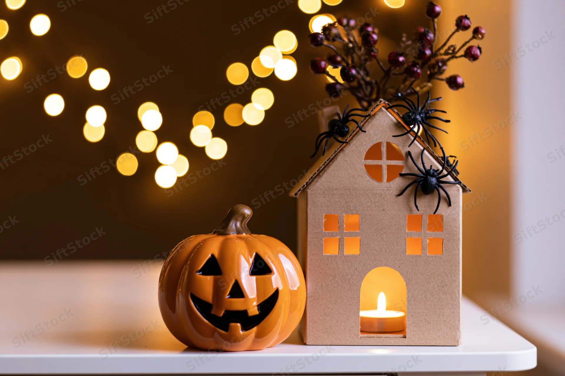 Ceramic jack-o-lantern and cardboard haunted house with candle and spiders on a table, illuminated by string lights in the background