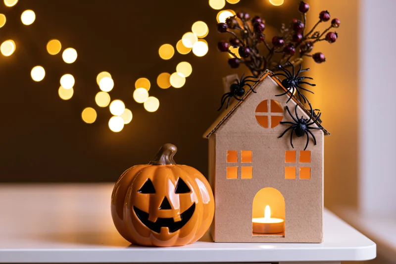 Ceramic jack-o-lantern and cardboard haunted house with candle and spiders on a table, illuminated by string lights in the background