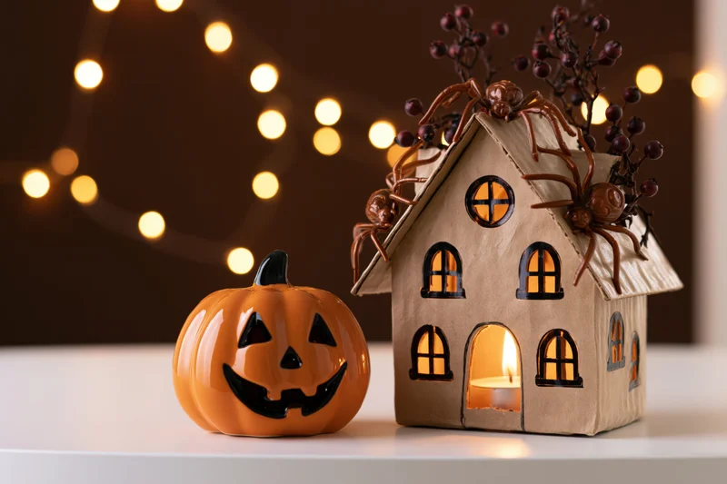 Ceramic jack-o-lantern beside a handmade cardboard house with candlelight and spiders on a white table