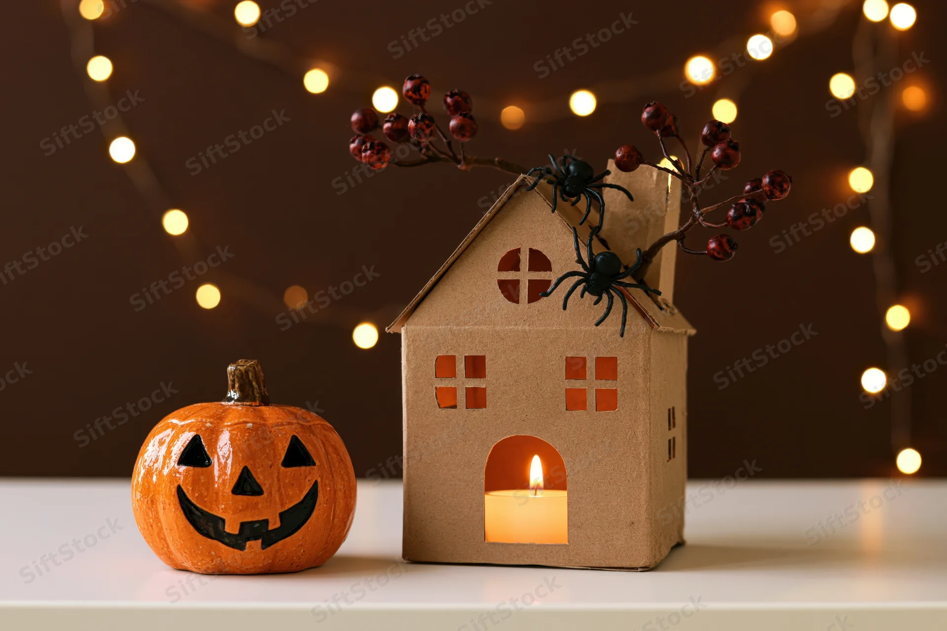 Small ceramic jack-o-lantern beside a handmade cardboard house with candle and spiders on tabletop