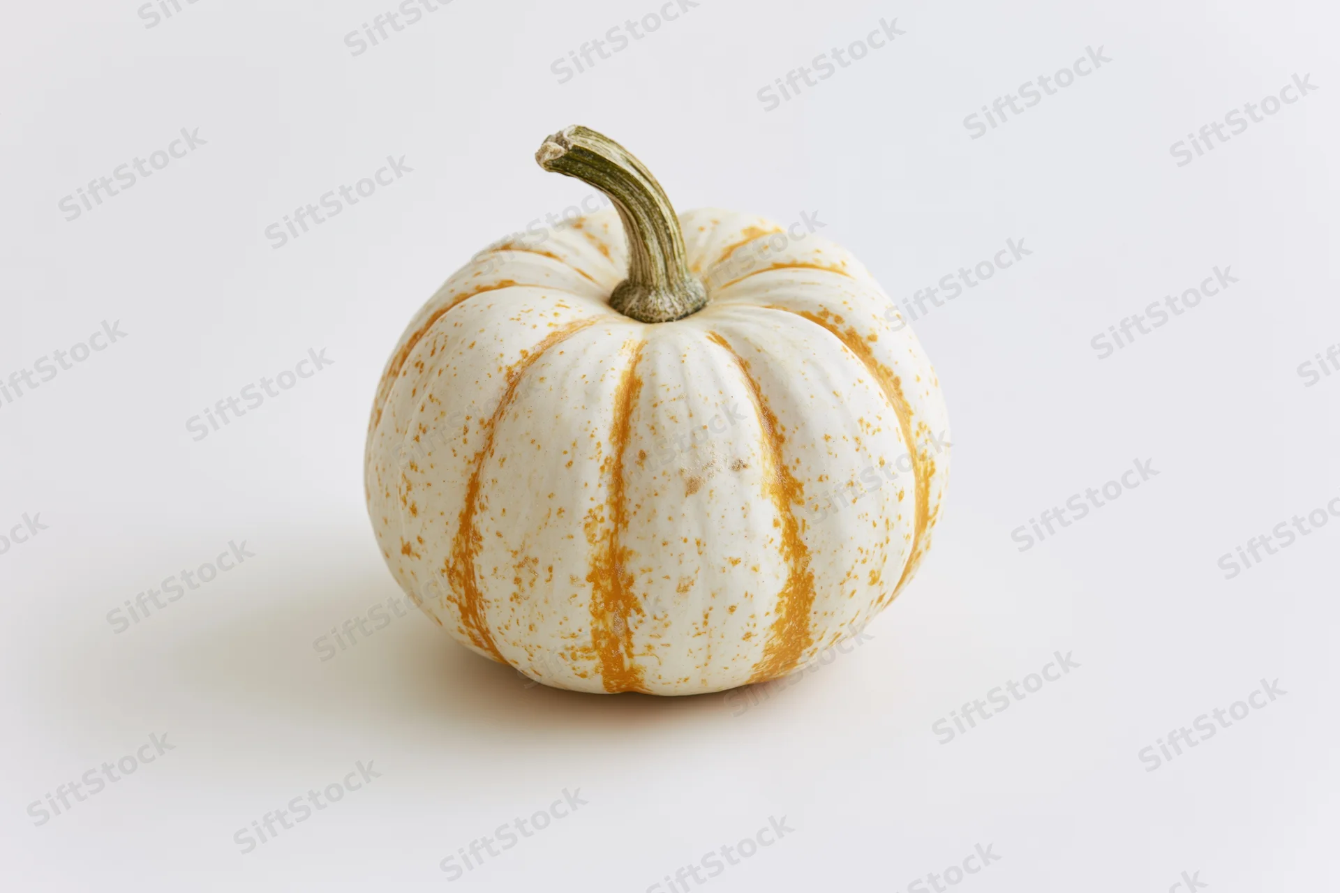 Small white pumpkin with orange speckles and ribs on a plain white surface