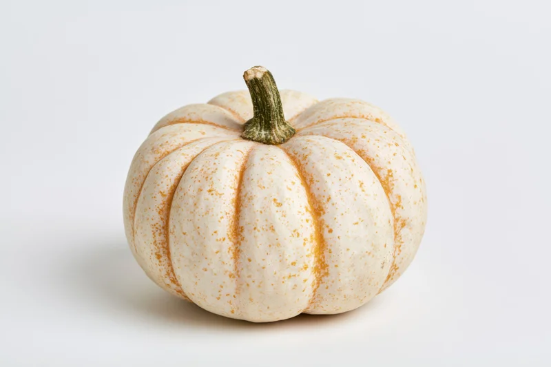 Small cream-white pumpkin with orange speckles and green stem on white background