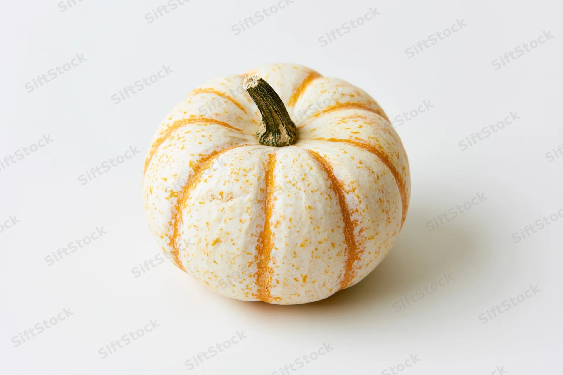 Small decorative pumpkin with cream-white skin and orange speckles on white background