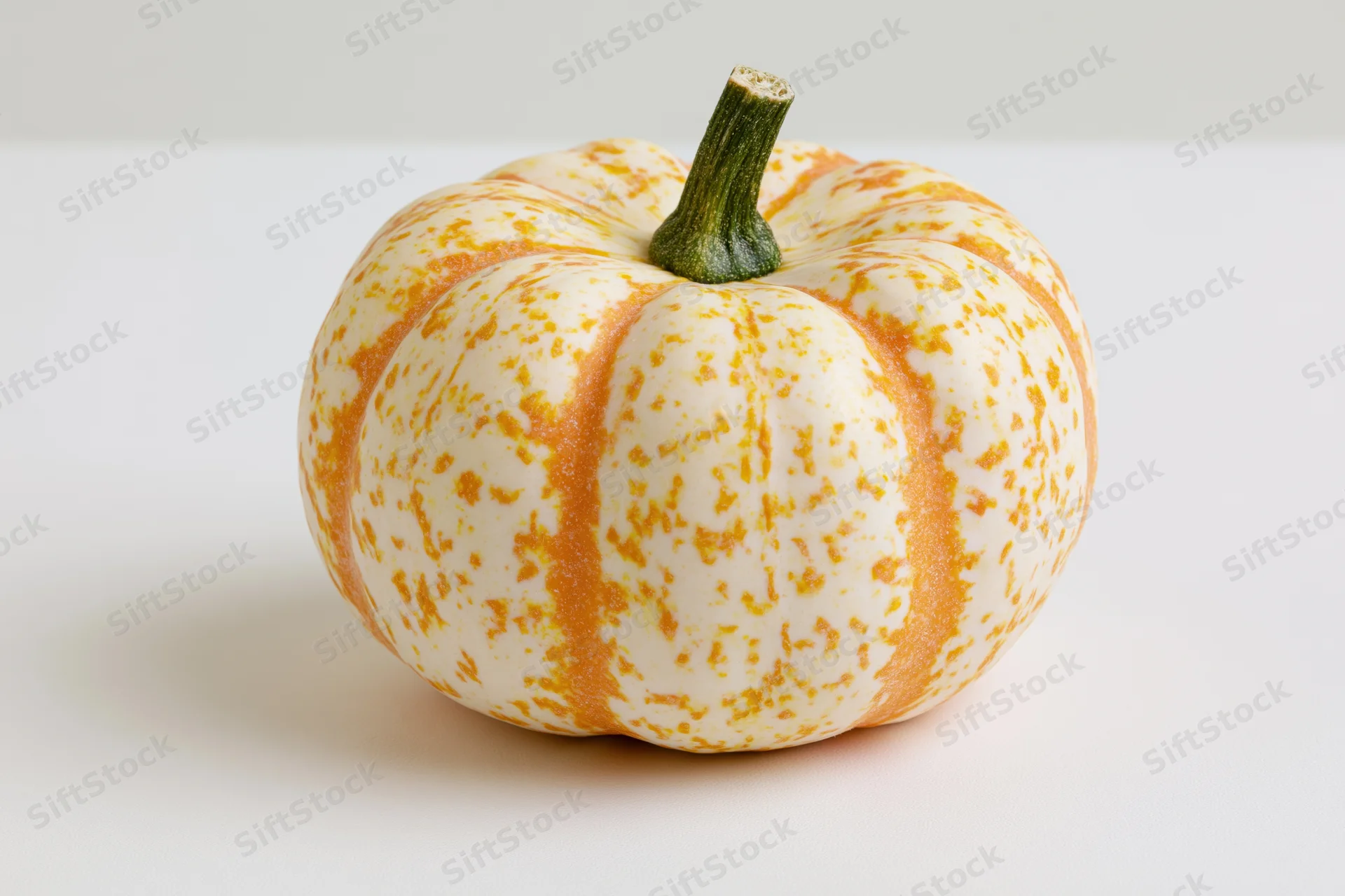 Small decorative pumpkin with cream and orange mottled stripes on white surface