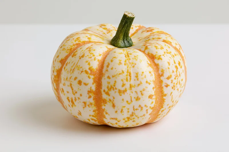 Small decorative pumpkin with cream and orange mottled stripes on white surface