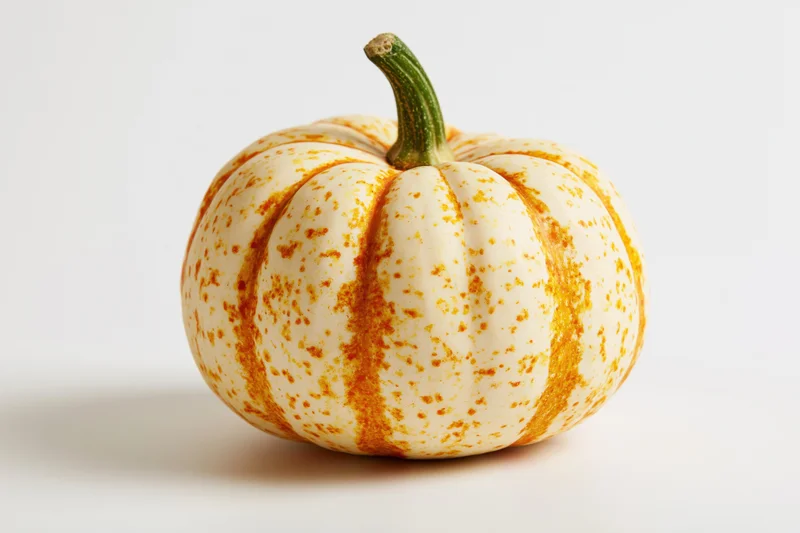 Small decorative pumpkin with cream and orange striped mottled skin on white background