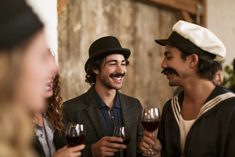 Men in halloween costumes laughing and drinking wine at an indoor party