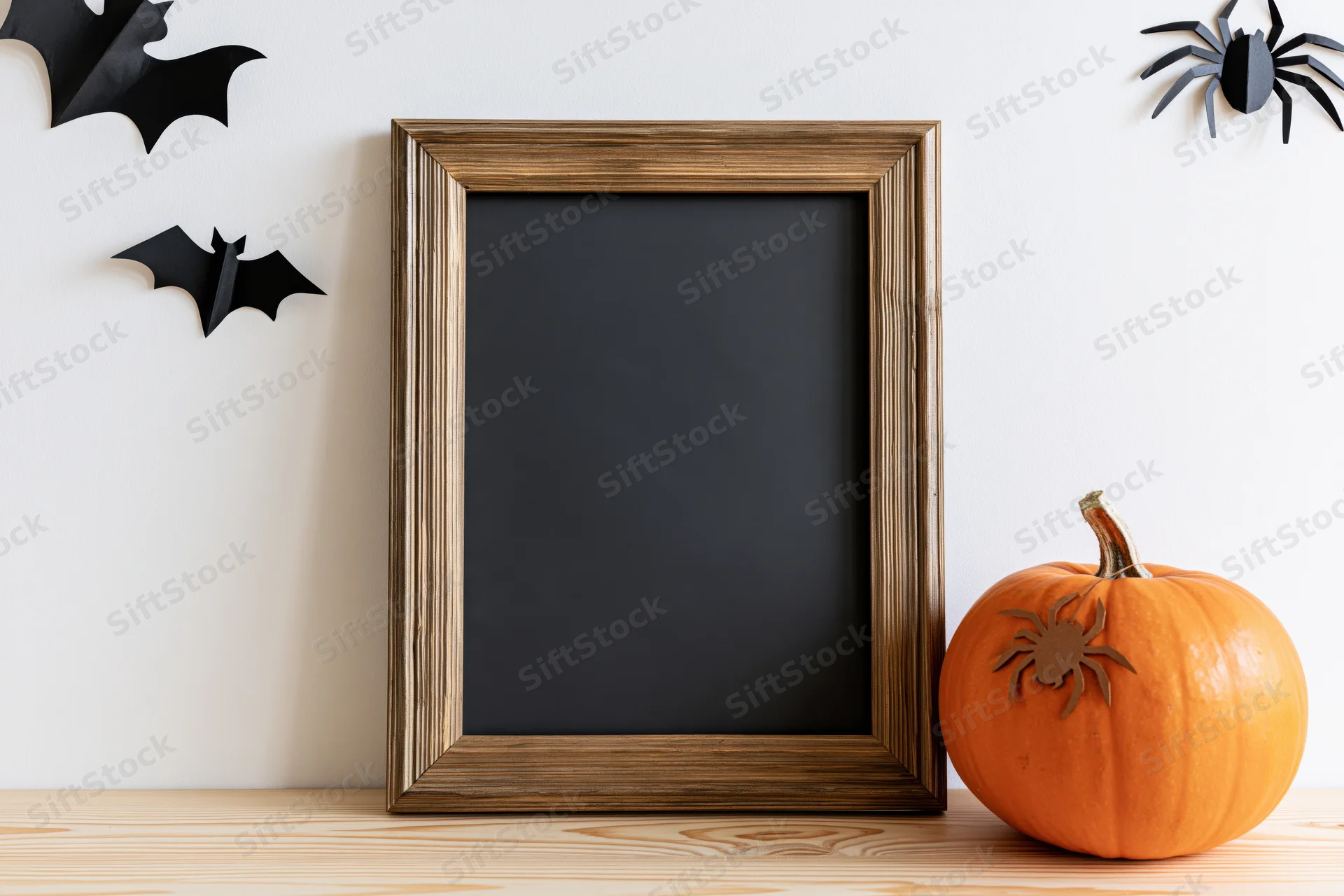 Small orange pumpkin and blank dark chalkboard in wooden frame on table with halloween decorations on wall
