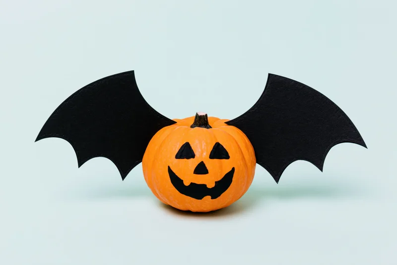 Small orange pumpkin with painted jack-o-lantern face and paper bat wings on light background
