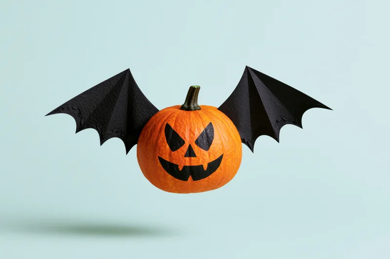 Small orange pumpkin with painted jack-o-lantern face and paper bat wings floating against light blue background