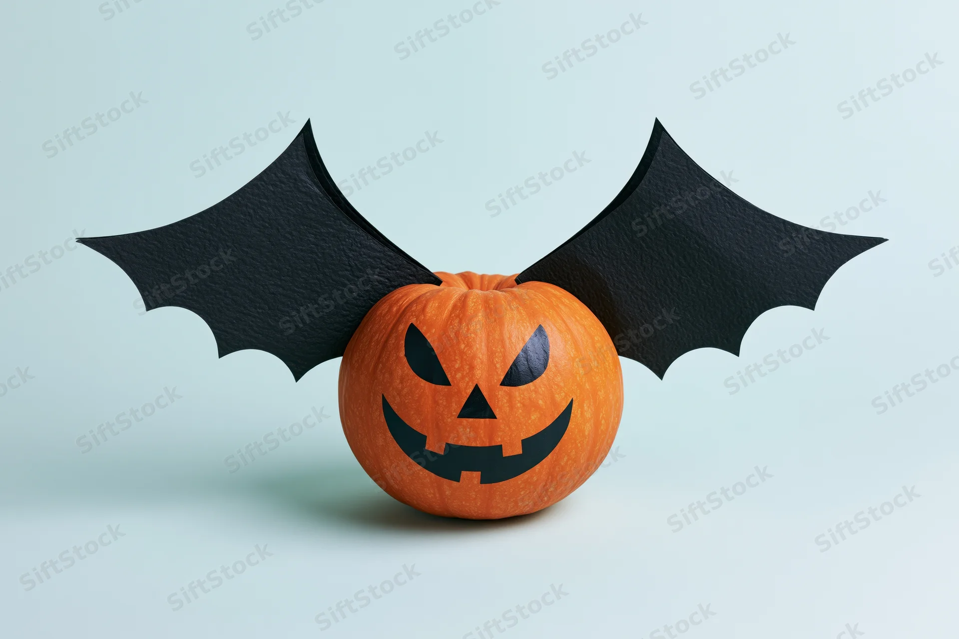 Small orange pumpkin with carved jack-o-lantern face and black bat wings on light blue background