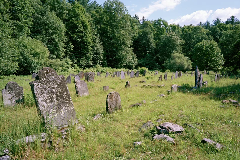 Weathered gravestones scattered across a grassy field surrounded by dense trees in a rural colonial-era cemetery