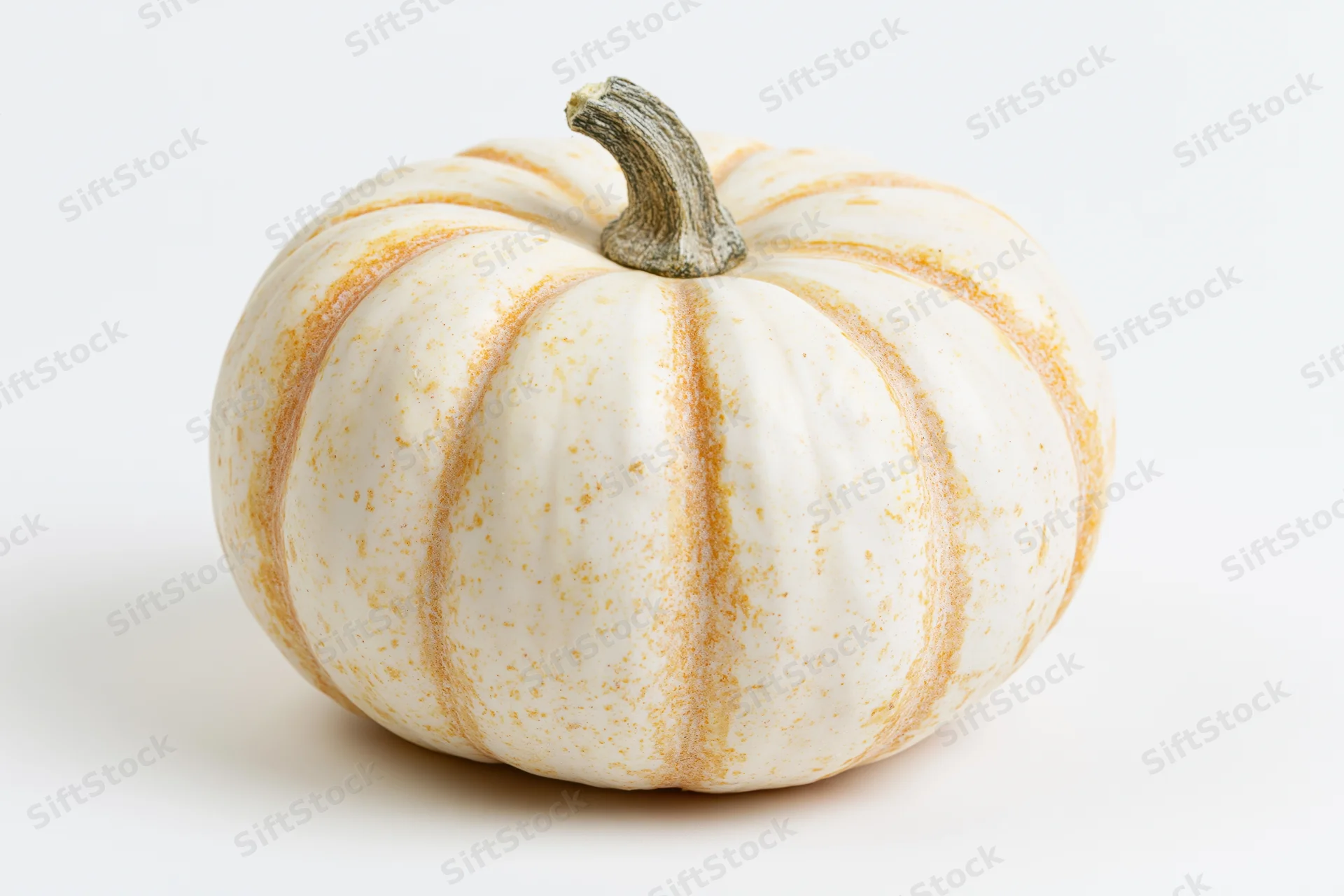 Small white and orange-striped decorative pumpkin on a plain white surface