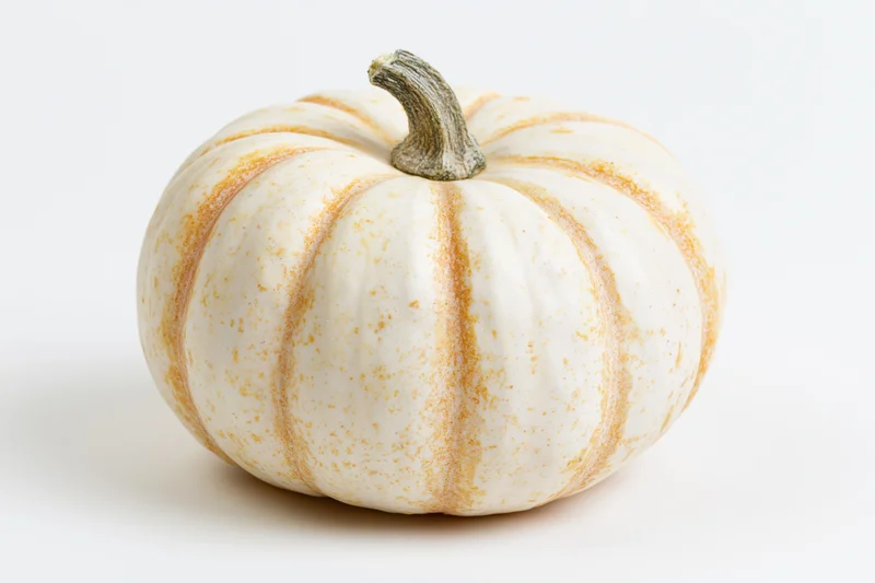 Small white and orange-striped decorative pumpkin on a plain white surface