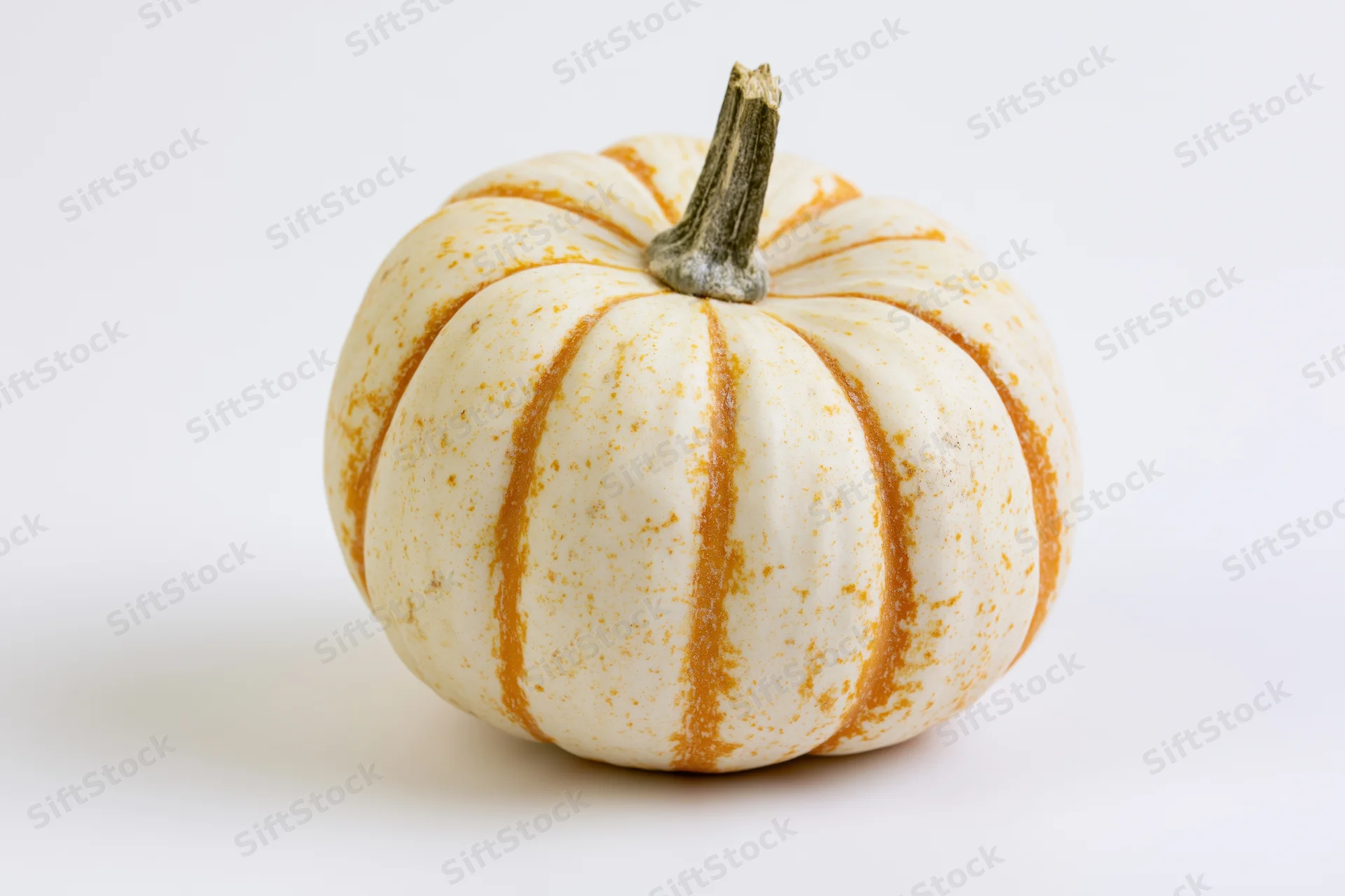 Small white and orange-striped decorative pumpkin on a plain white background