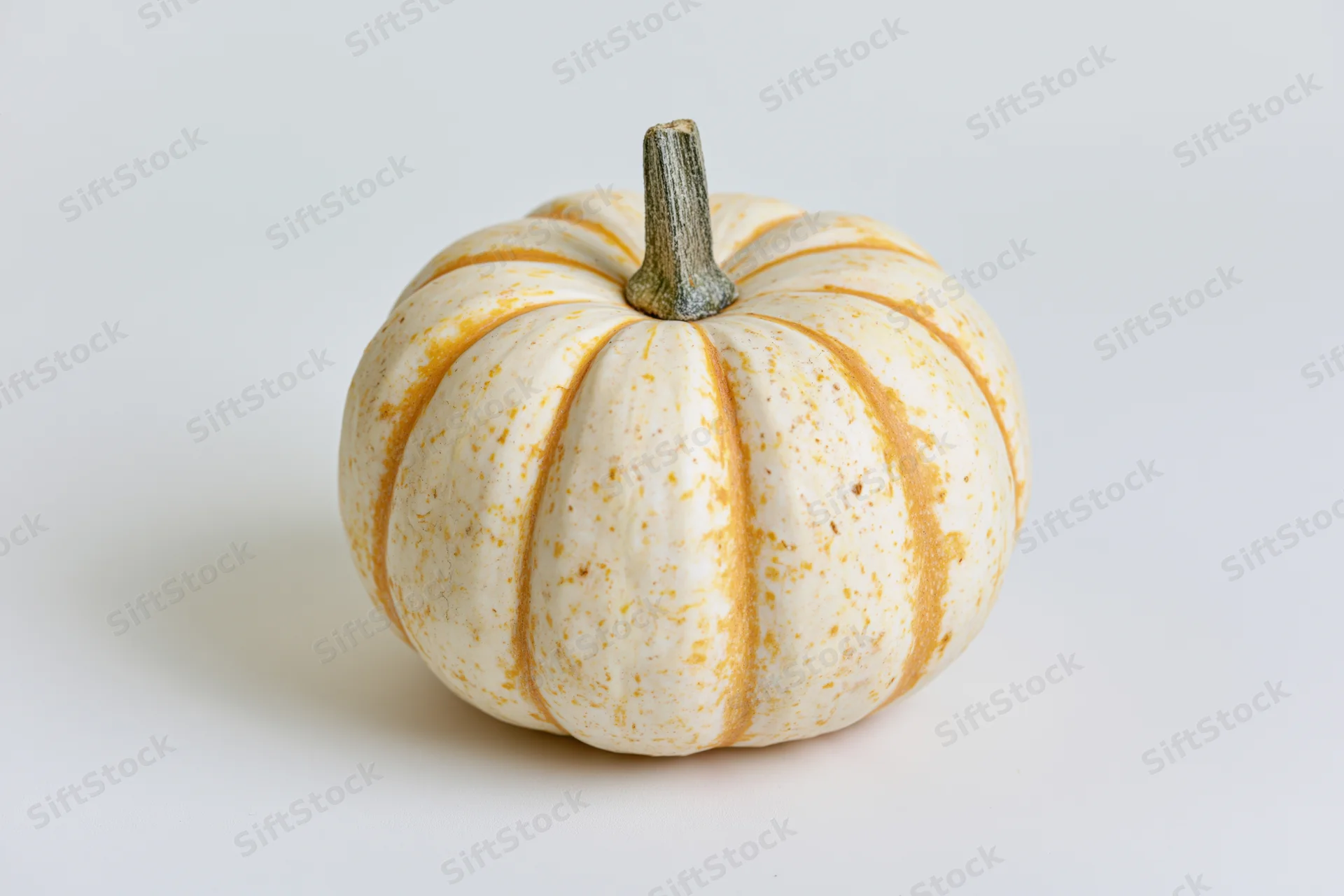 Small white and orange-striped decorative pumpkin on a plain white surface