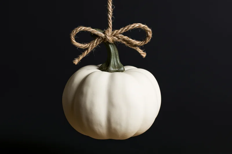 White decorative pumpkin hanging by a twine bow against black background