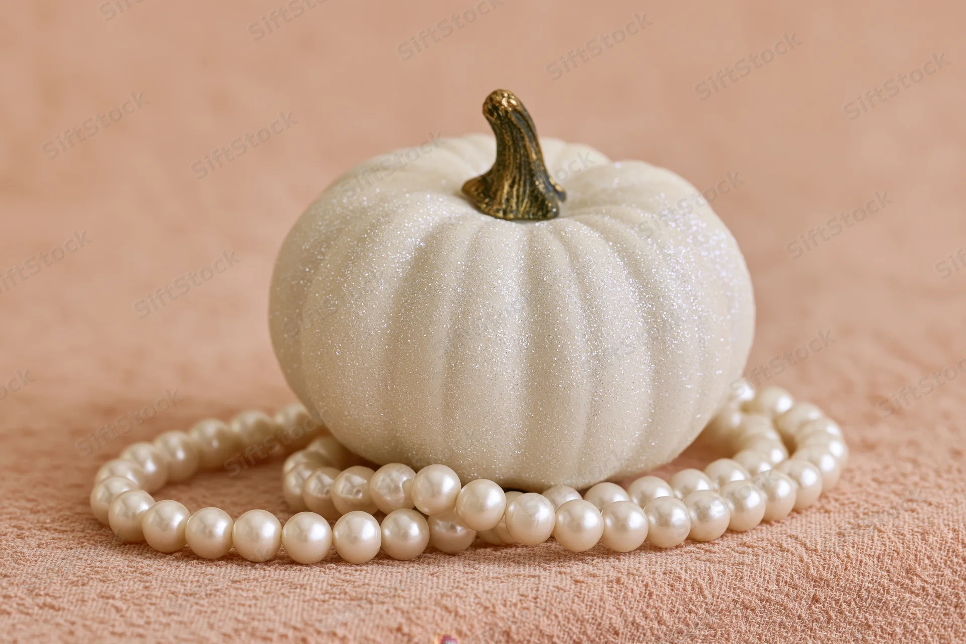Small white decorative pumpkin with glittery surface and gold stem resting on a pearl necklace atop a beige textured fabric