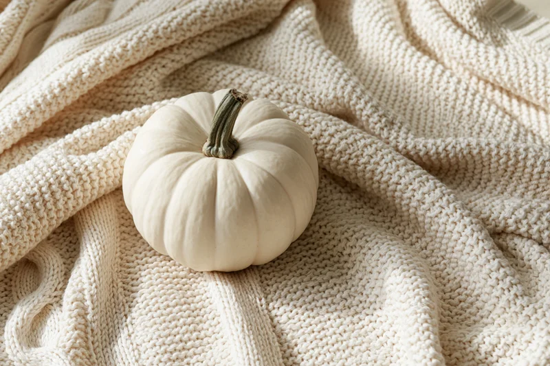 Small white pumpkin resting on draped cream knit blanket