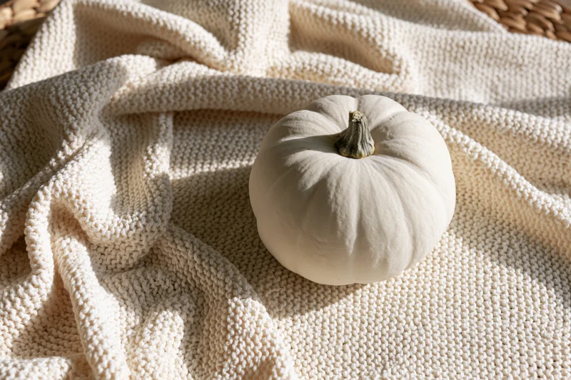 White pumpkin resting on draped cream knit fabric in soft sunlight