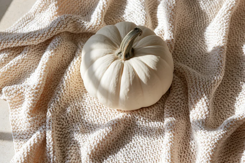 White pumpkin resting on draped cream knit fabric in soft sunlight