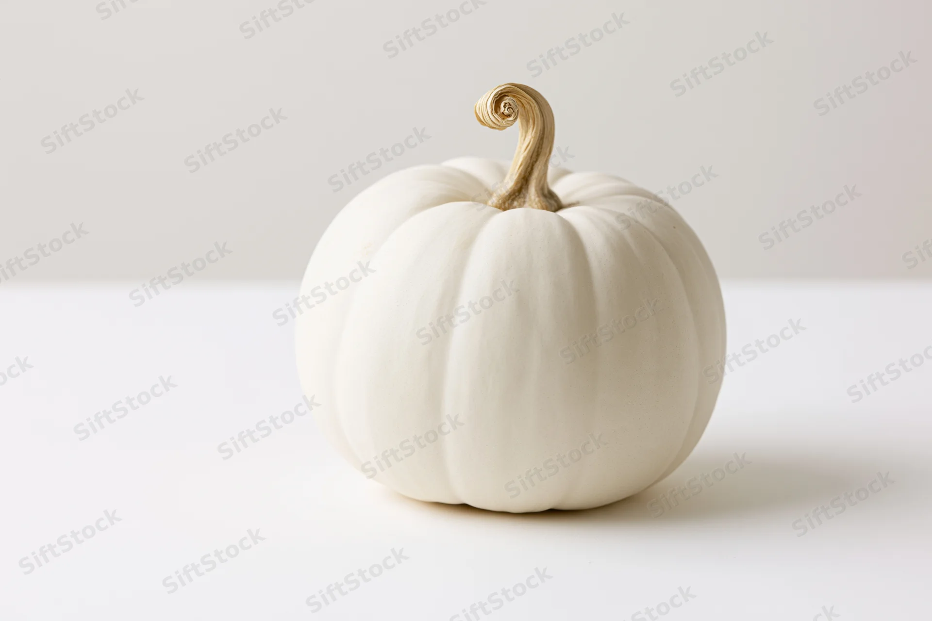 White pumpkin with curved stem on a plain white surface