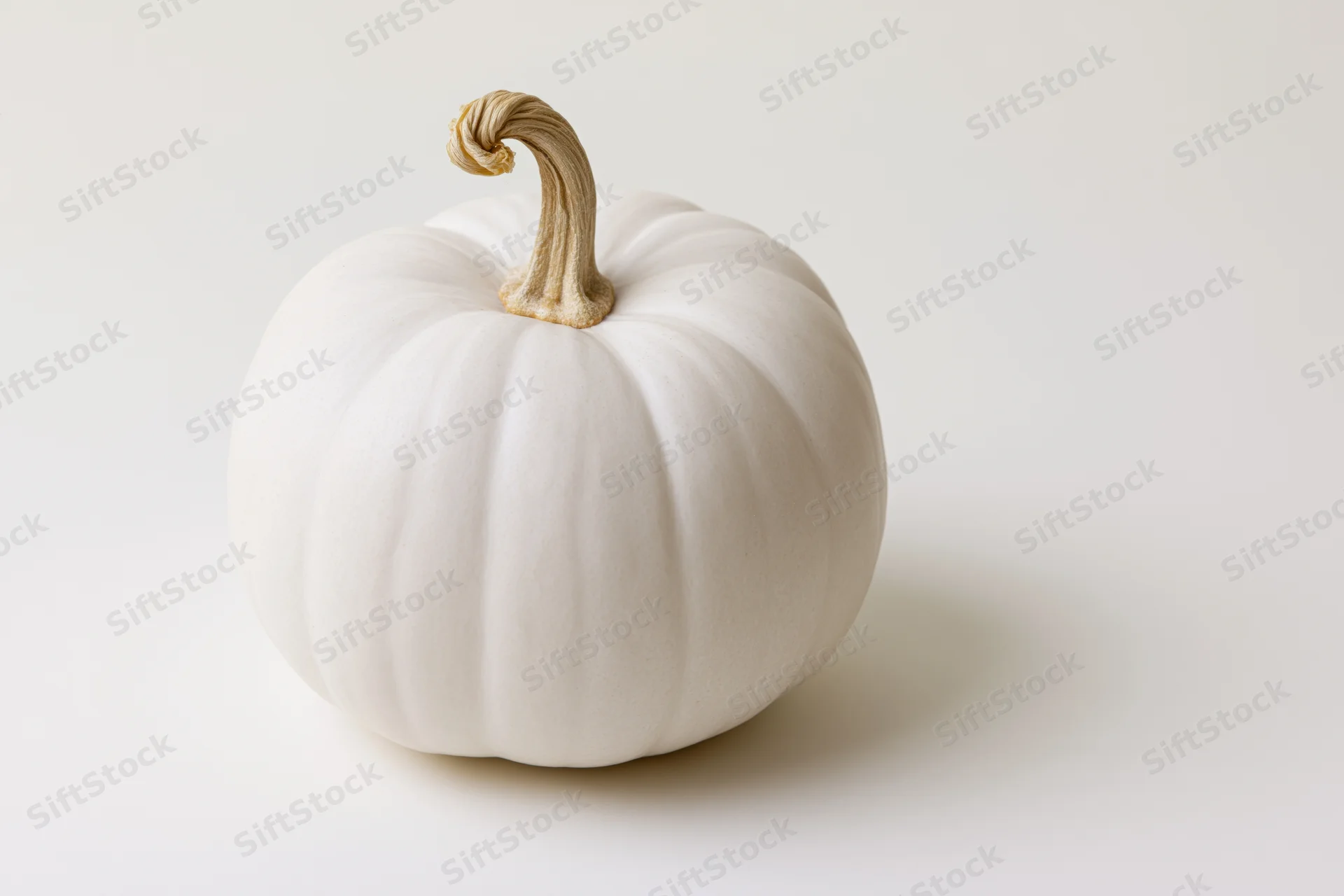 White ghost pumpkin with curved stem on flat white surface