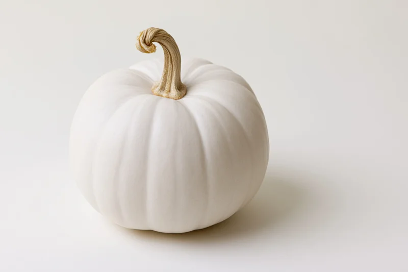 White ghost pumpkin with curved stem on flat white surface
