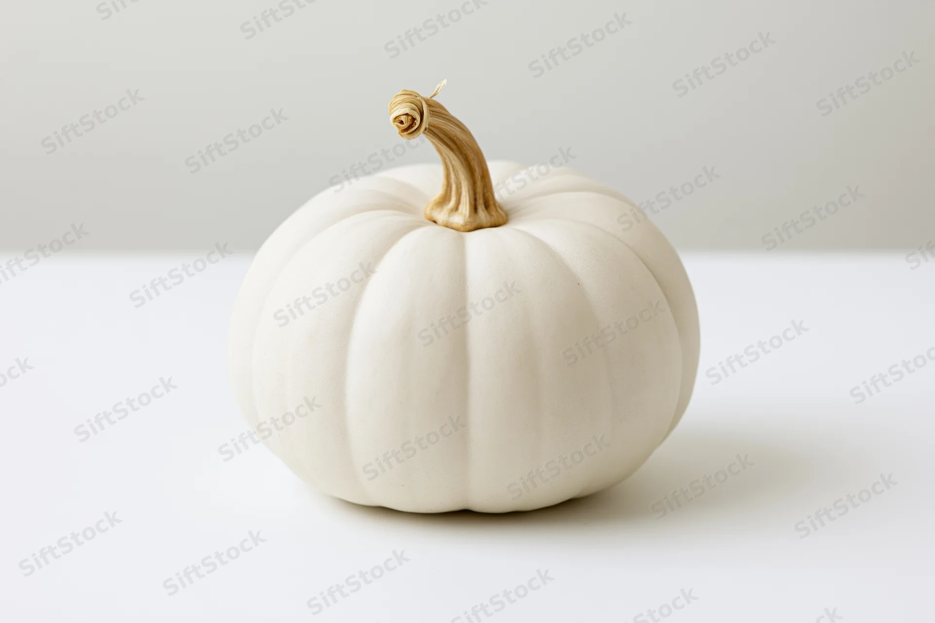Small white pumpkin with curved stem on flat white surface