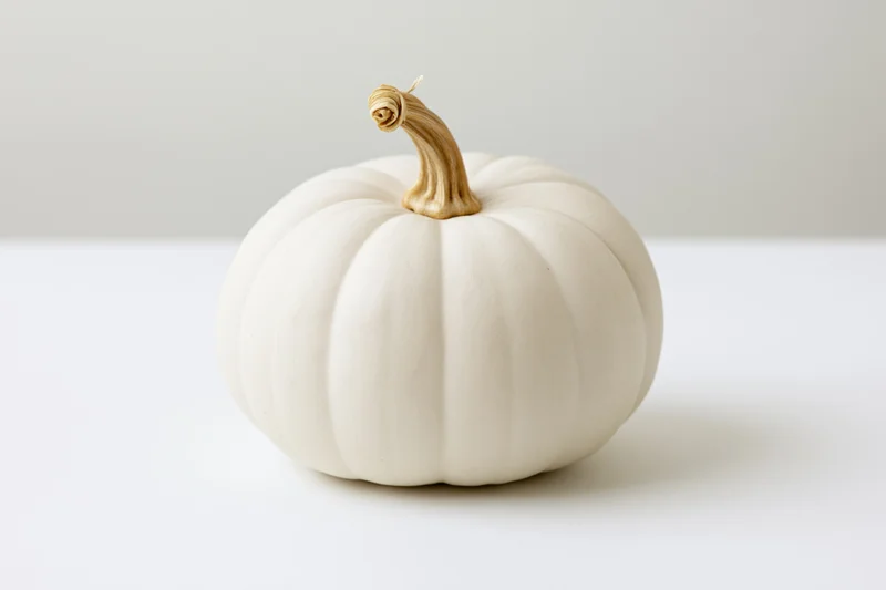 Small white pumpkin with curved stem on flat white surface