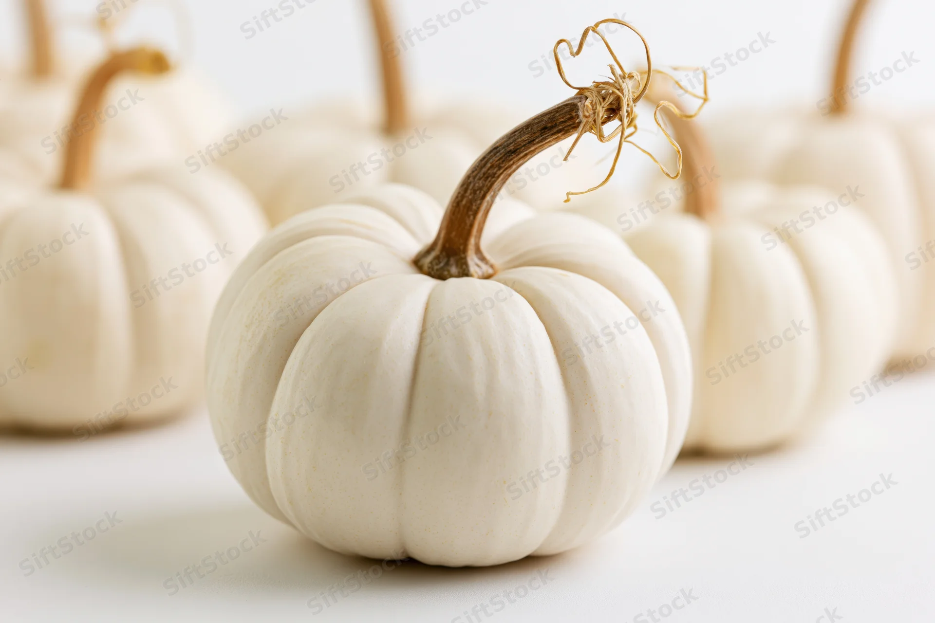 Small white pumpkin with curved brown stem and dry vine on white surface