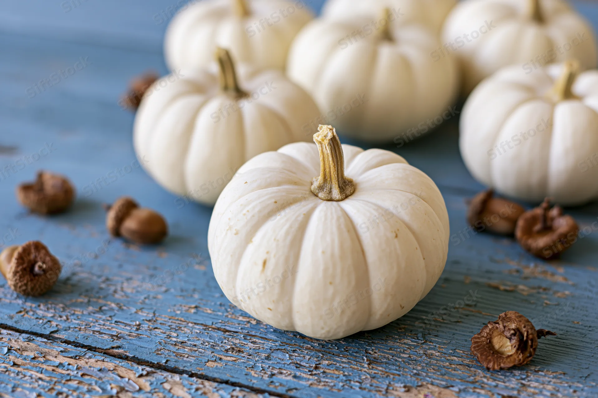 Small white ghost pumpkins arranged on a weathered blue painted wooden table