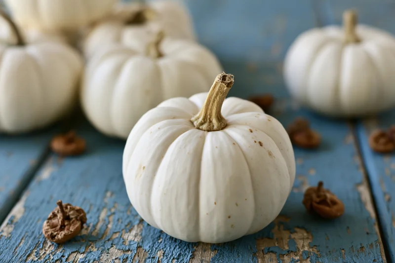 Small white ghost pumpkins arranged on a weathered blue painted wooden table