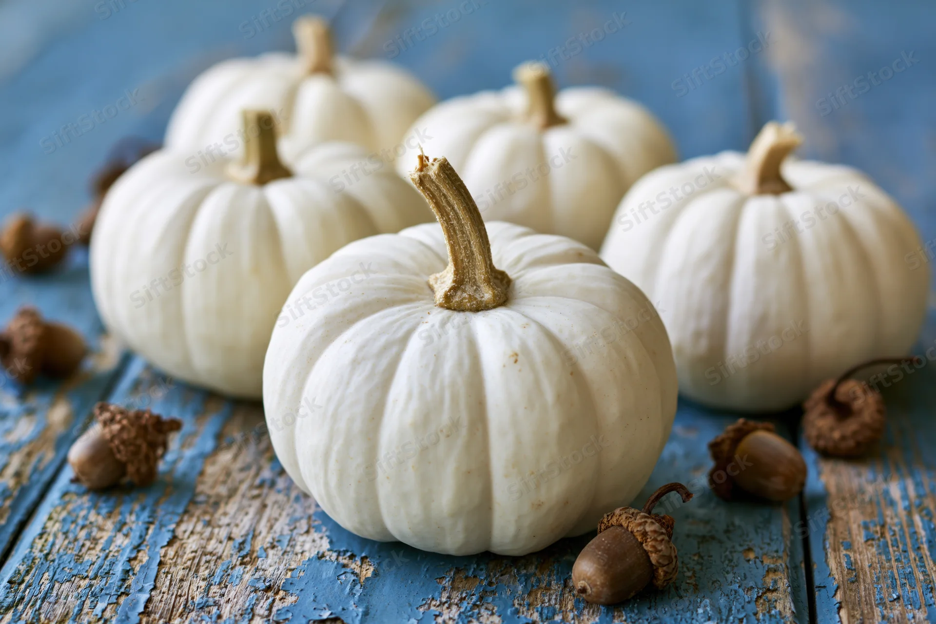 White ghost pumpkins arranged on a weathered blue wooden surface with scattered acorns