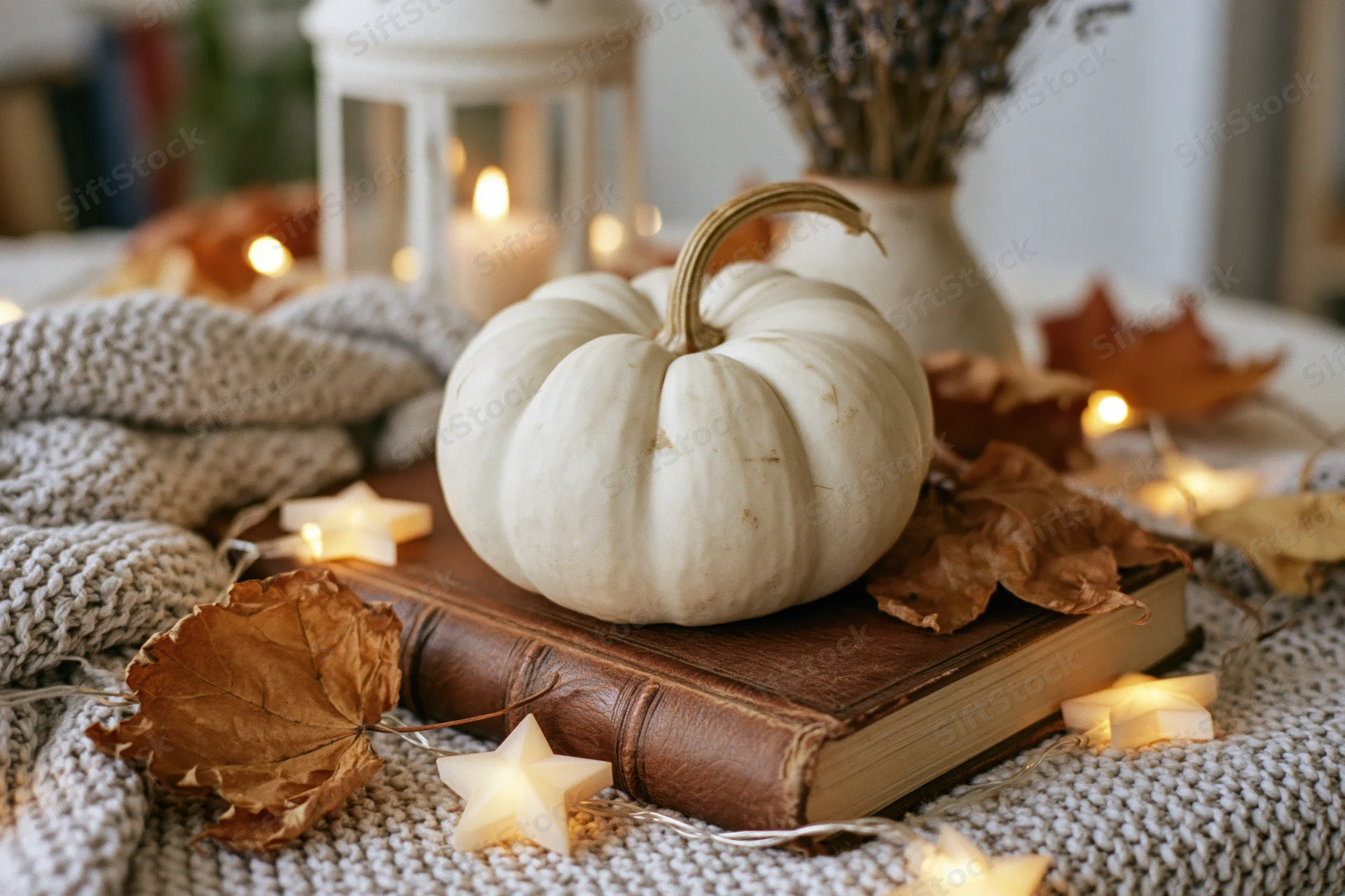 White heirloom pumpkin resting on a worn leather book surrounded by dried leaves and star-shaped lights on a knitted blanket