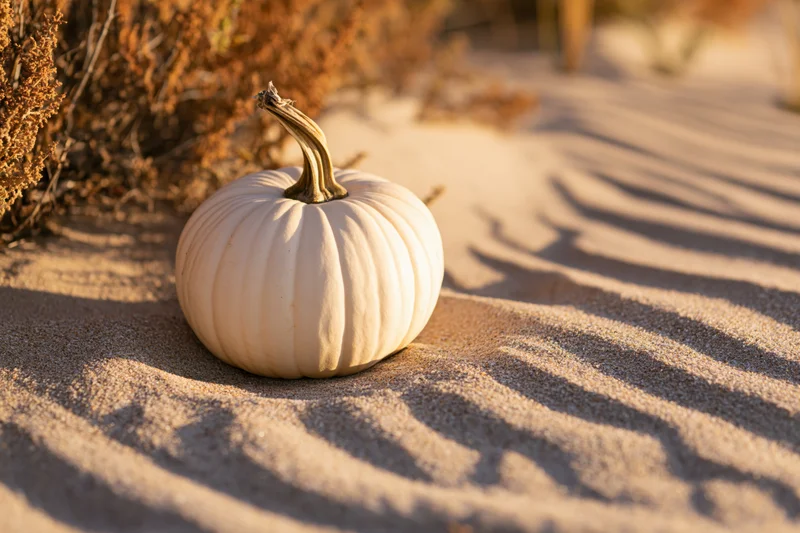 White pumpkin resting on rippled sand at beach with dry stem and dune vegetation in background