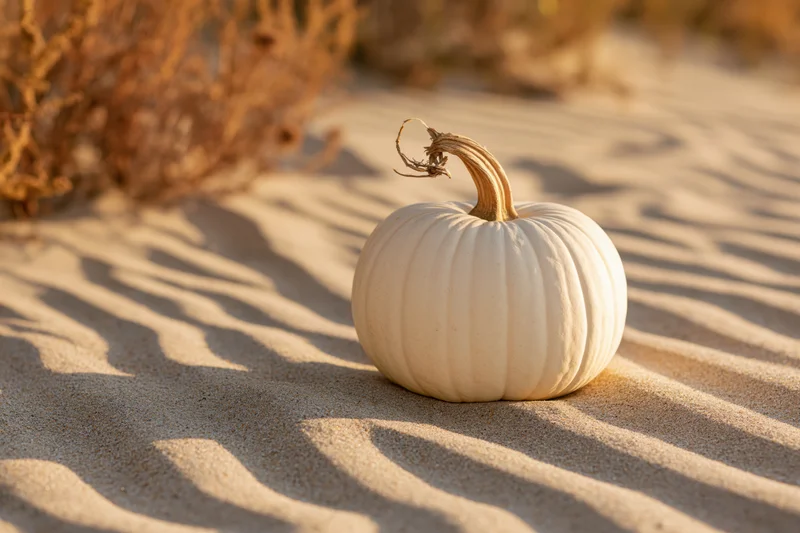 White pumpkin resting on rippled sand at beach with dry stem and dune grass in background
