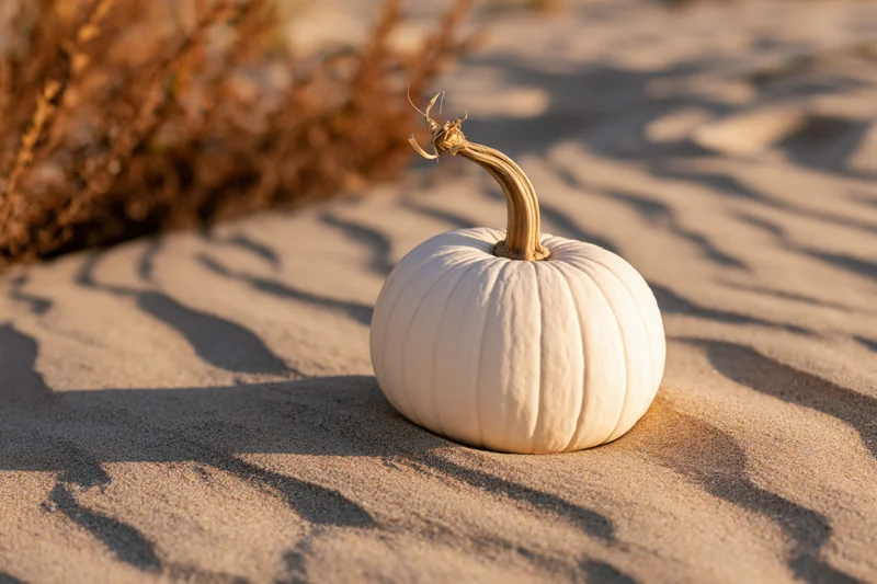 White pumpkin with dry tan stem resting on rippled sand at beach
