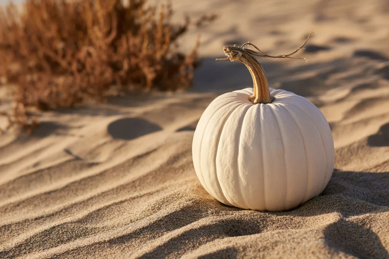 White pumpkin with dry stem resting on rippled sand in desert landscape