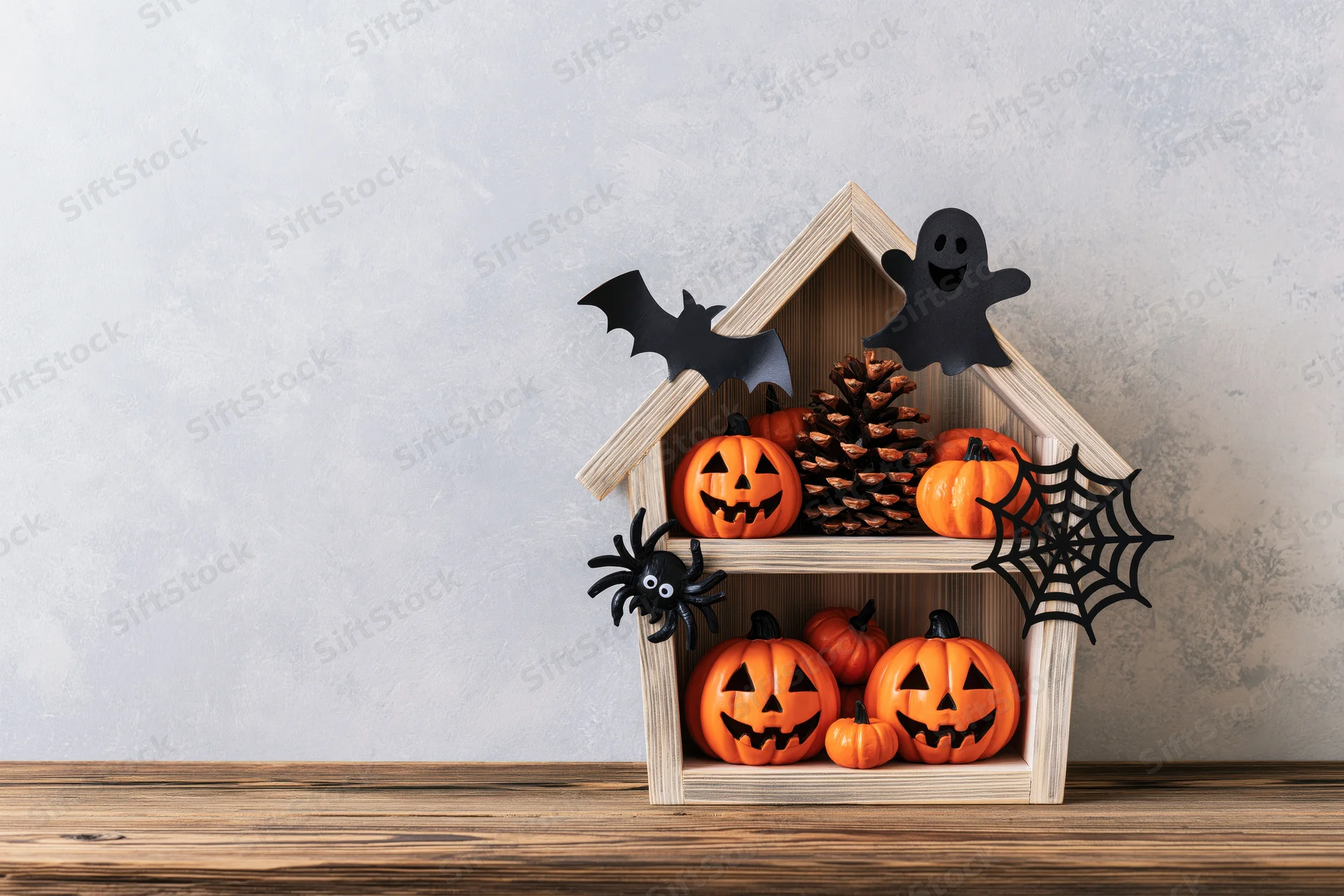 Wooden house-shaped shelf holding jack-o-lanterns and halloween decorations on a table