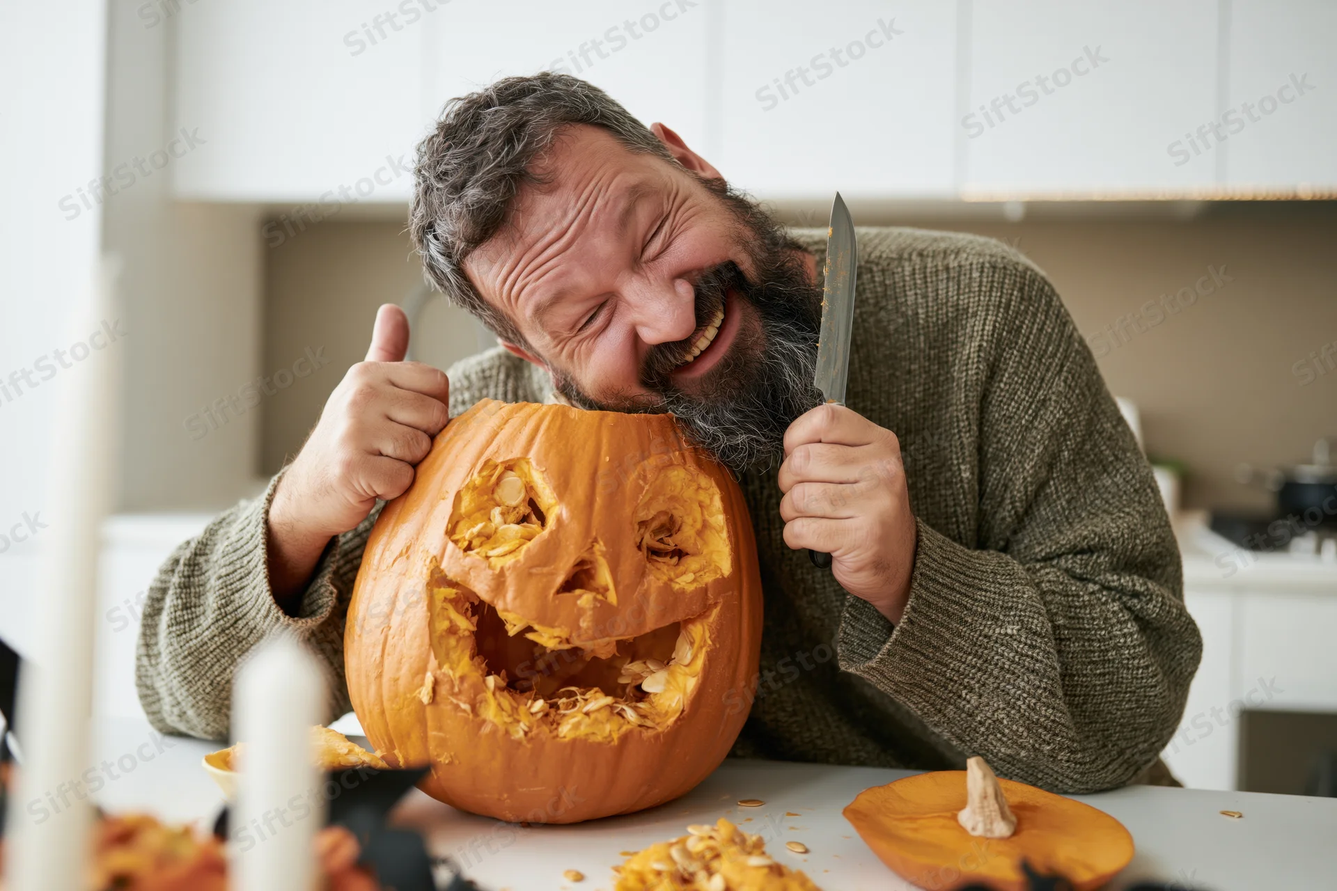 Bearded man smiling with thumb up while carving a pumpkin in a kitchen