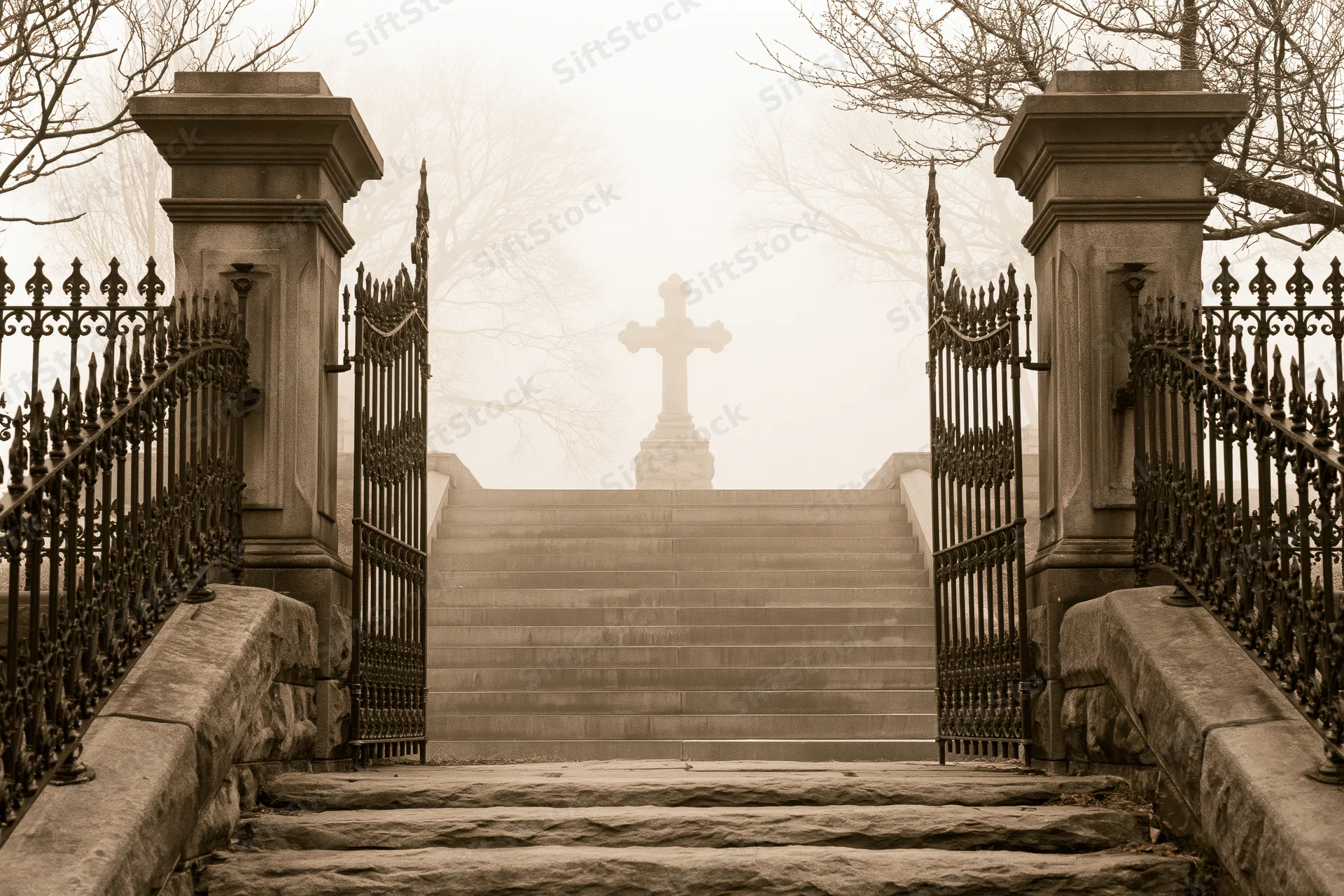 Stone cemetery gate with ornate iron fencing flanking a wide staircase leading to a cross monument in fog