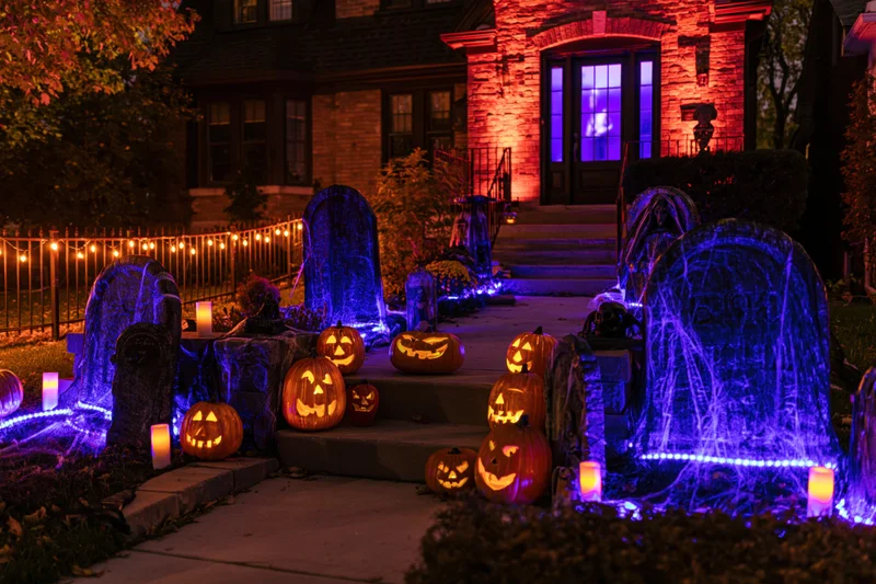 Suburban house front yard decorated with glowing pumpkins and tombstones for halloween at night