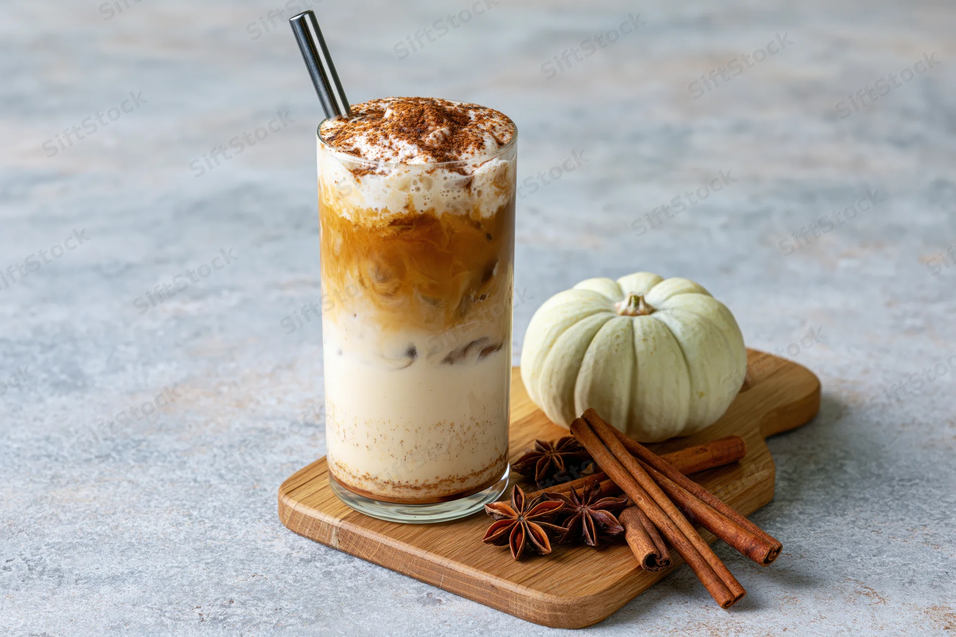 Tall glass of layered iced pumpkin spice latte with cream foam and metal straw on wooden board with small white pumpkin and cinnamon sticks