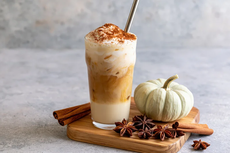 Iced pumpkin spice latte in tall glass with cinnamon and star anise on wooden board